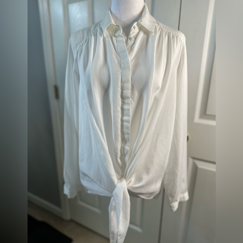 Maeve tie front, button down, long sleeve, high low, white, Small